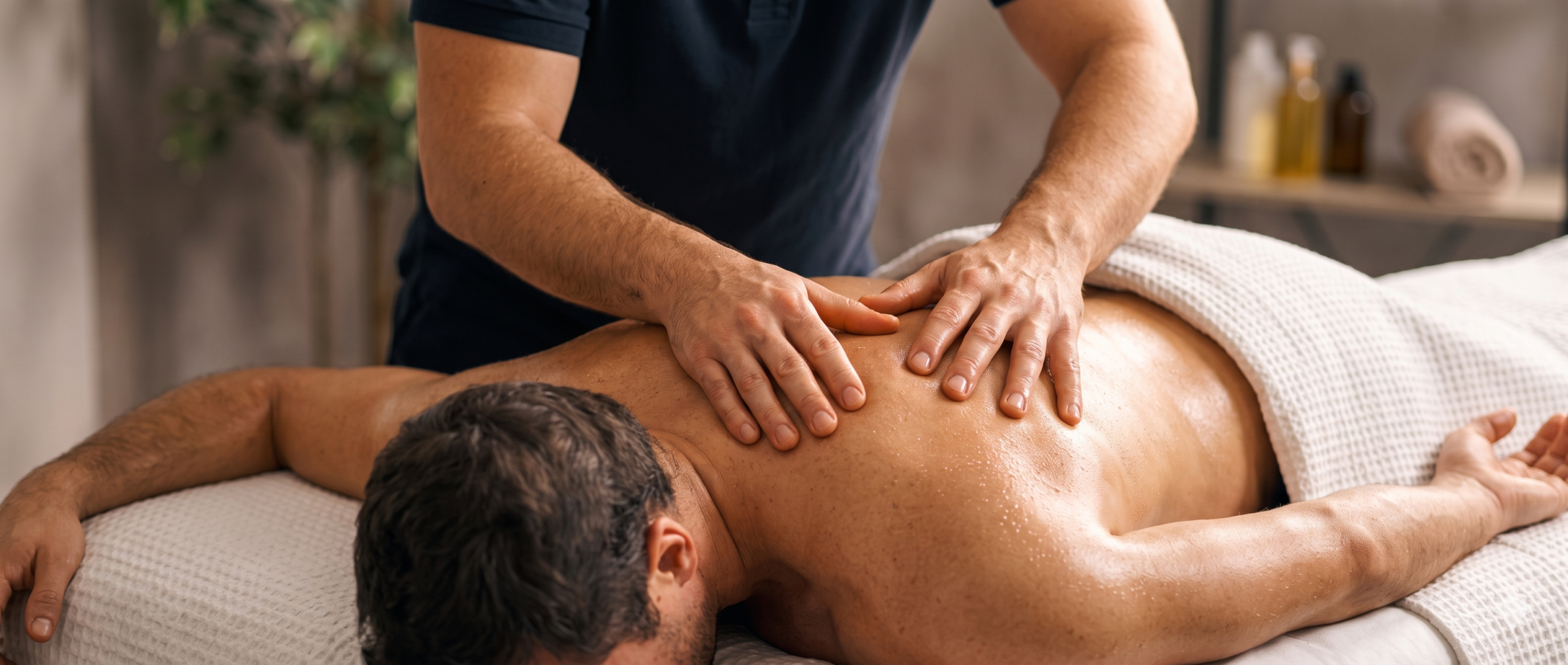 Mannelijke handen die een ontspannende rugmassage geven