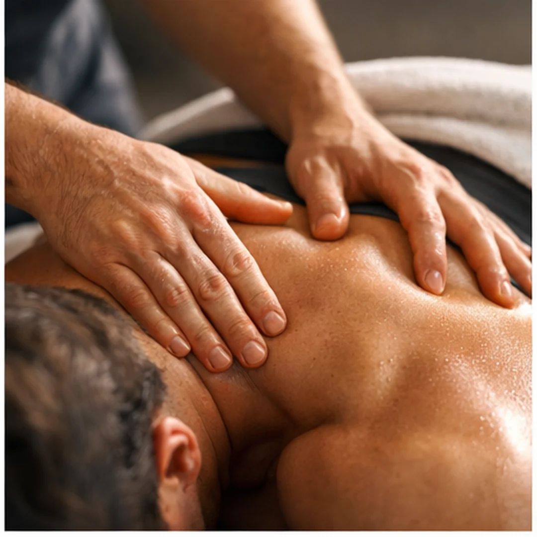 Mannelijke handen die de beenspieren masseren tijdens sportmassage